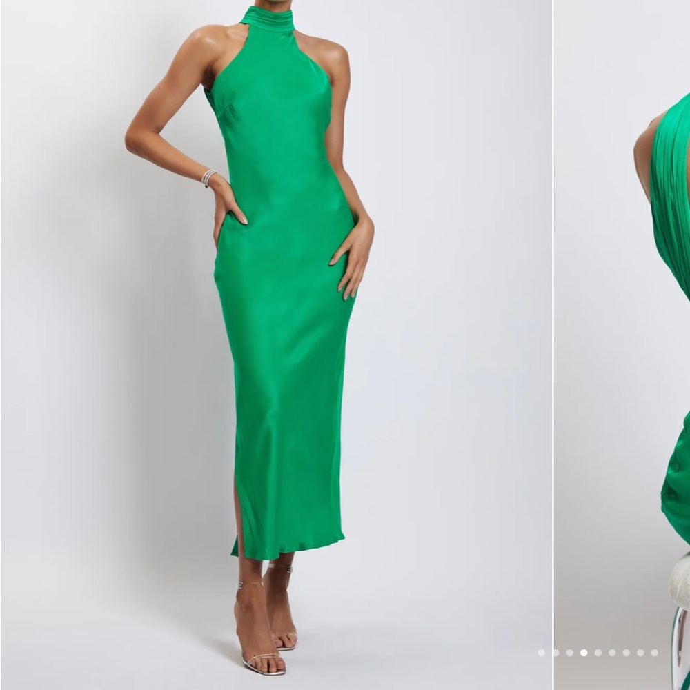 MESHKI CLAIRE
Satin Drape Back Maxi Dress with Split - Green XS